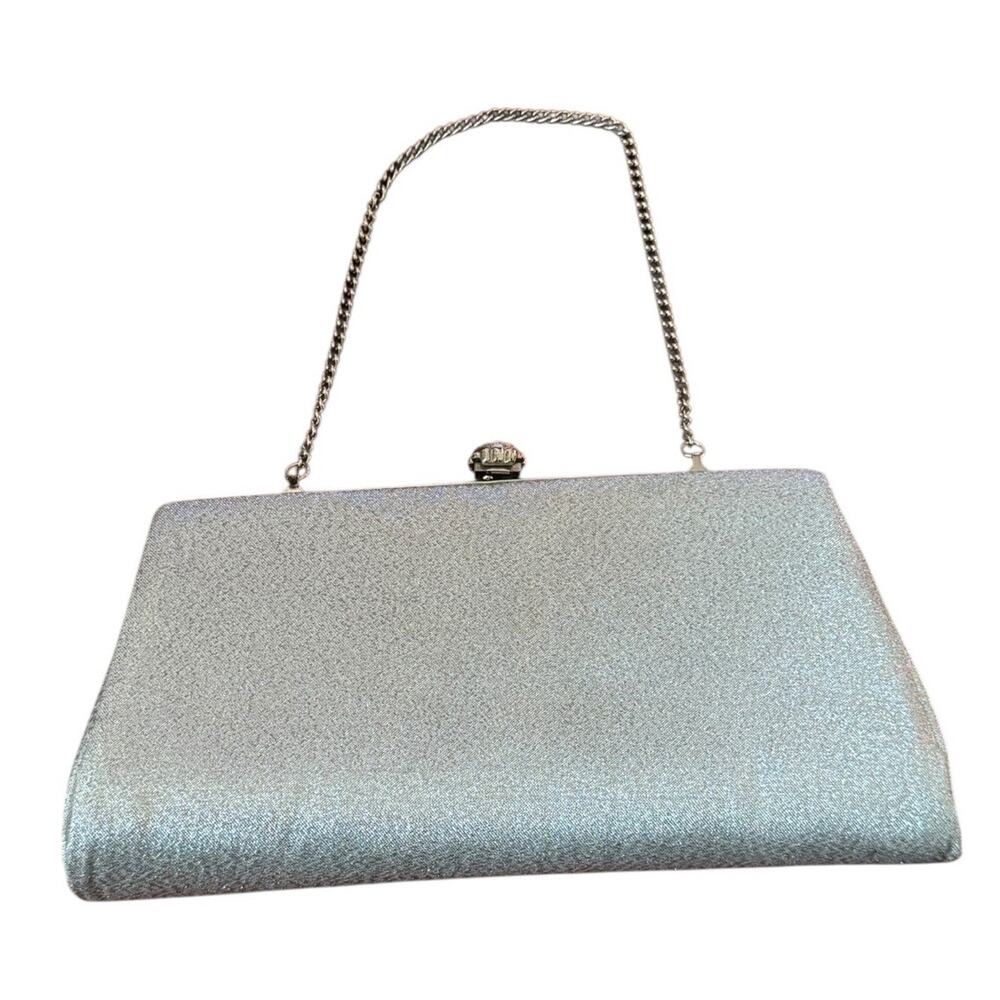 VTG Silver Sparkly Glittery Clutch Bag Silver Top Round Clasp Happy Hour Flapper